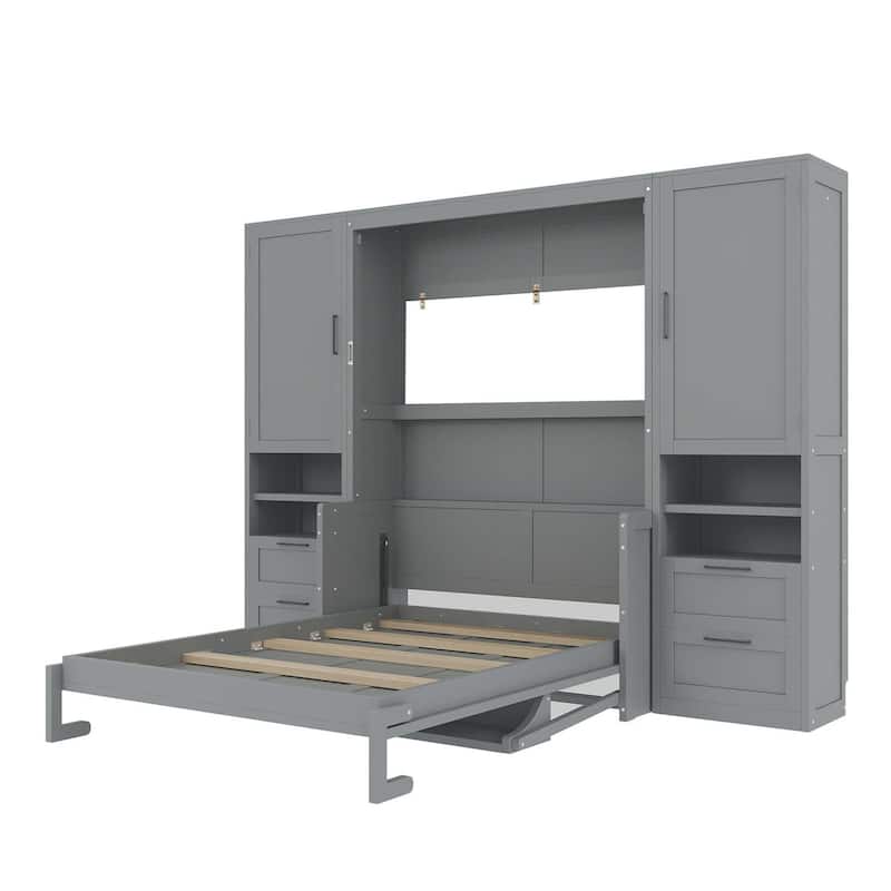 Roomfitters Full/Queen Size Murphy Bed Wall Bed with Shelves, Wardrobe and Lighting