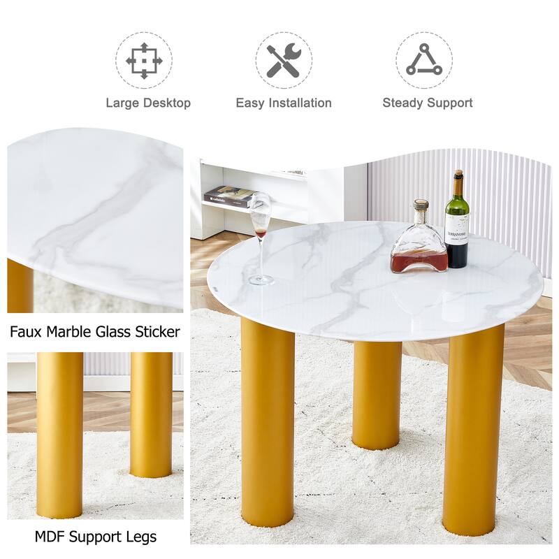 Round white dining table, artificial marble glass stickers, golden MDF legs, kitchen dining table, living room dining table