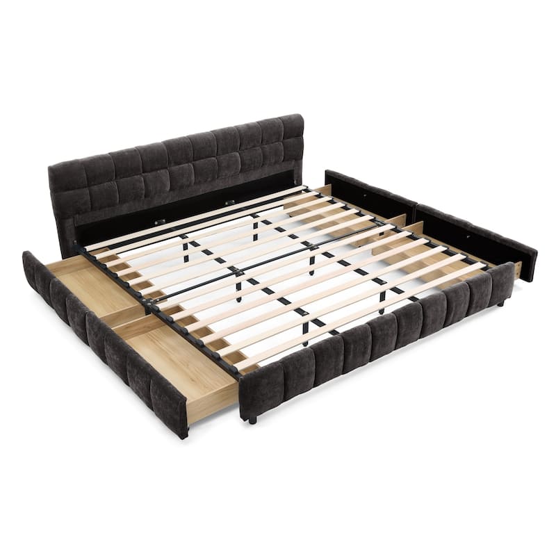 Modern King Size Upholstered Bed with Storage Drawers, Dark Gray