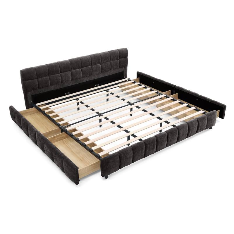Roomfitters California King Upholstered Platform Bed with Storage, Chenille Fabric Frame with Headboard