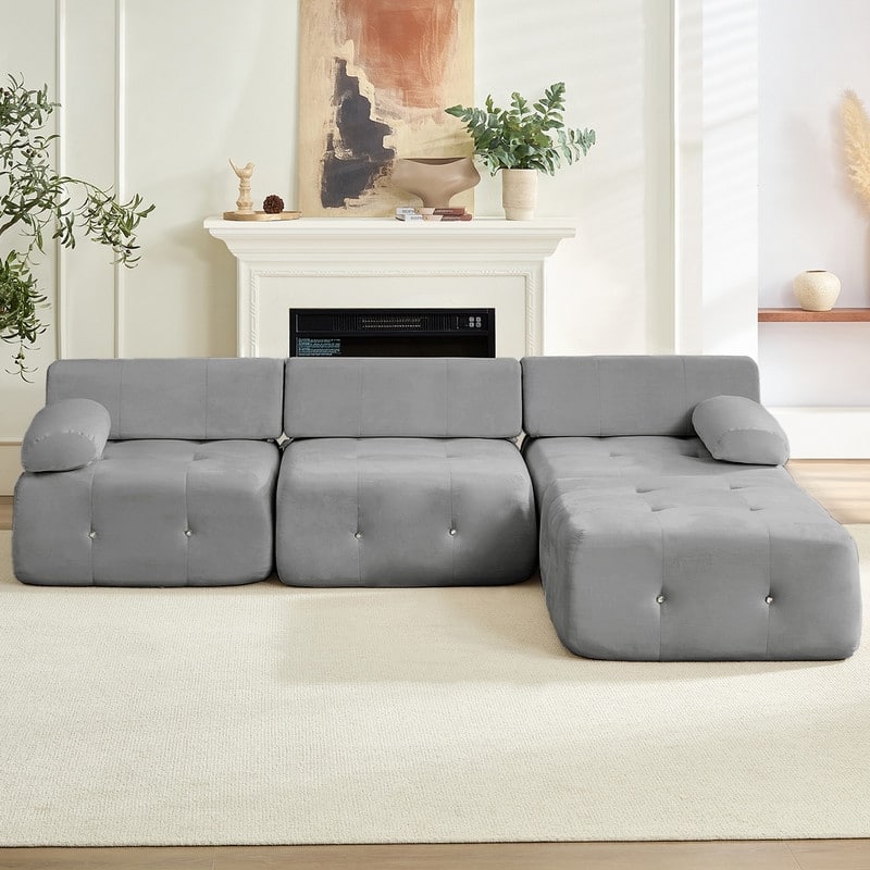 Mixoy 100inch Modular Sectional Sofa with Ottoman,Velvet 3-Seater L-Shaped Couch for Living Room - 100.4"w x 66.9"D x 24.8"H - Light Grey - Reversible