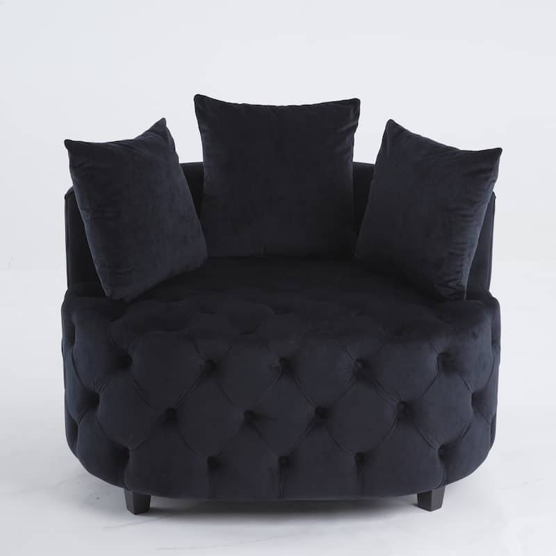 Black Modern 24" Velvet Upholstered Buttons Tufted Barrel Chair with Pillows