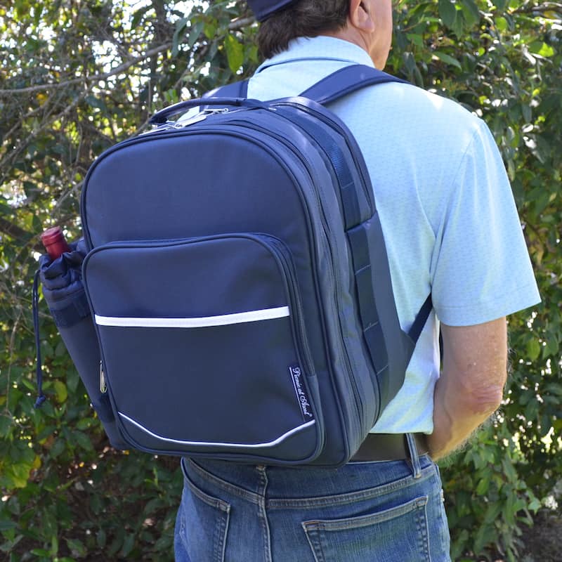 Picnic at Ascot - Deluxe Equipped 4 Person Picnic Backpack with Cooler & Insulated Wine Holder - Trellis Blue