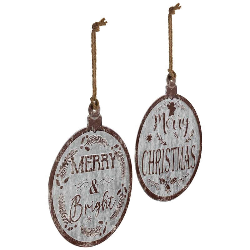 Merry Christmas and Merry and Bright Wall Signs - 14" - Gray and Brown - Set of 2