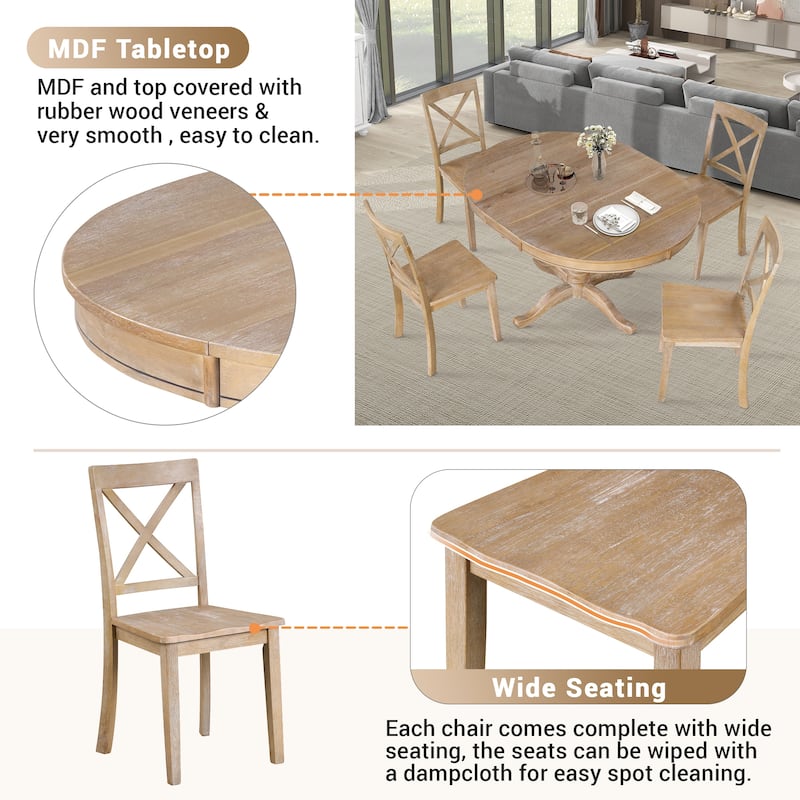 5 Piece Wood Dining Table Set, Kitchen Dining Table Set with Extendable Round Dining Table and 4 Chairs with Backrest