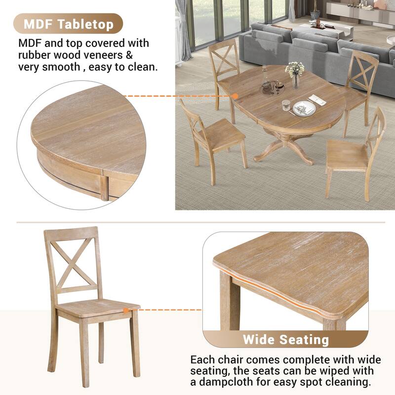 Extendable Dining Table, Round Table and Four Wooden Dining Chairs, Rustic Kitchen Table and Chair Set