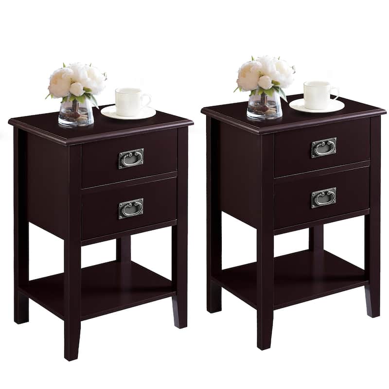 VECELO Modern Nightstands with 2-Drawers and Storage Shelf (Set of 2) - Red Brown