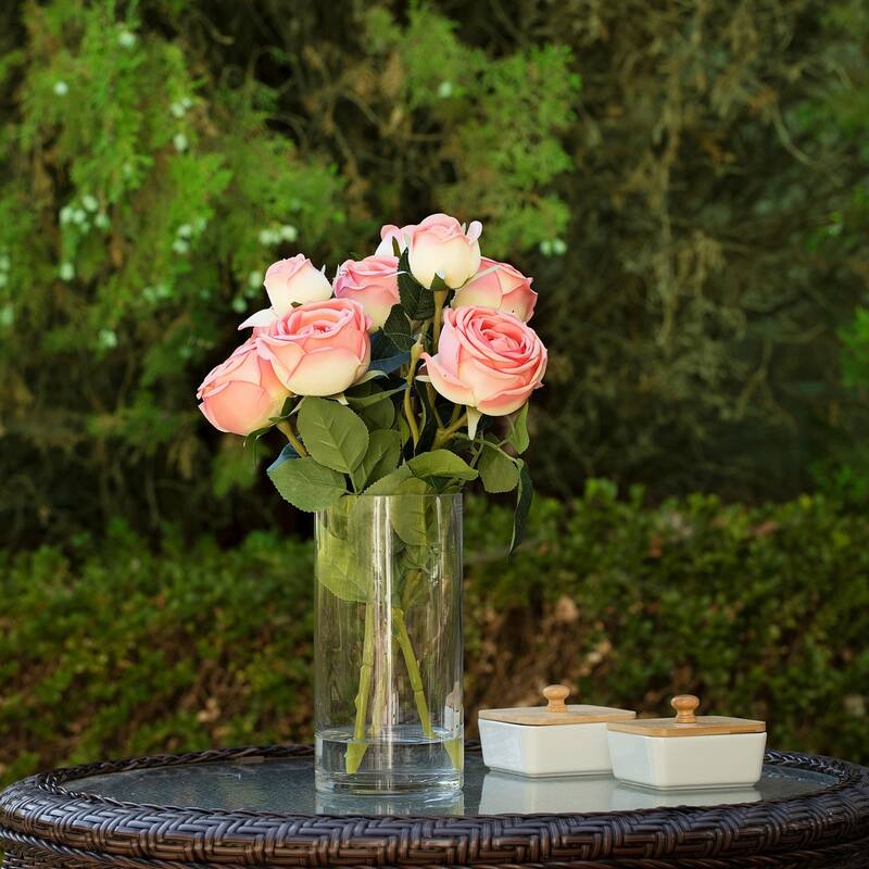 Enova Home Artificial Silk Rose Flowers in Clear Glass Vase with Faux Water for Home Office Wedding Decoration - N/A