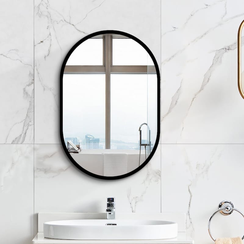 Modern Black Wall Mount Oval Bathroom Mirror Medicine Cabinet - 24-in W x 4.9-in D x 36-in H