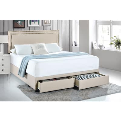 Queen Nail Trim Storage Bed in Linen