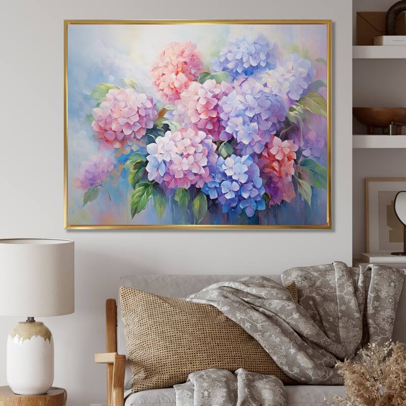 Designart "Purple Pink Hydrangea Romantic Impression" Floral Framed Wall Art Living Room - 32 in. wide x 16 in. high - Gold