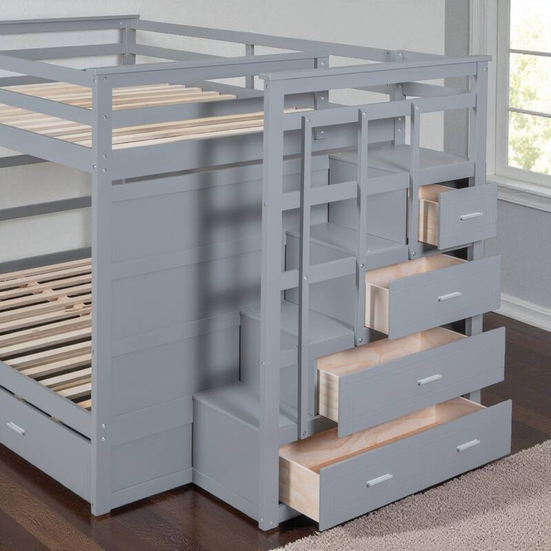 Full Over Full Bunk Bed with Twin Trundle and Storage Staircase, Solid Wood Frame, Space-Saving Design