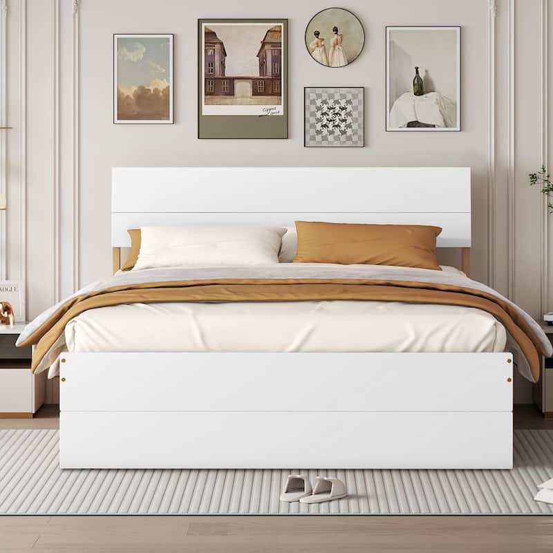 Modern Farmhouse Style Wooden Full Size Platform Bed Frame with Twin Size Trundle Bed - White+Oak