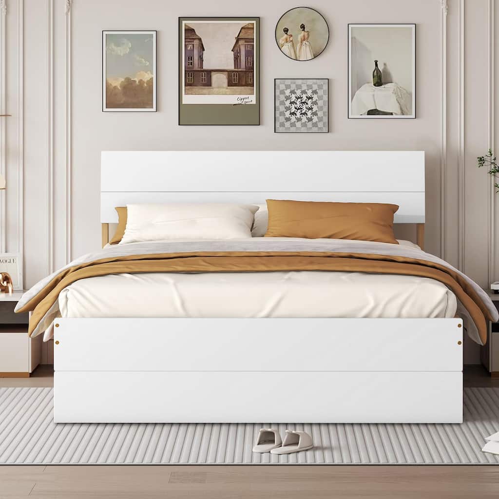 Modern Farmhouse Style Wooden Full Size Platform Bed Frame with Twin Size Trundle Bed