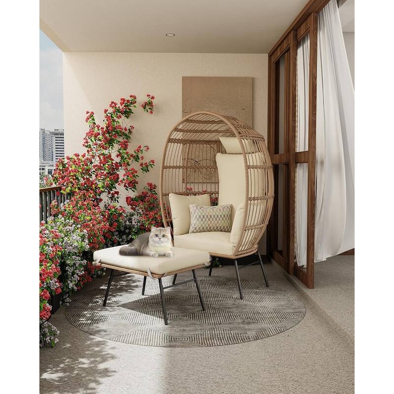 Wicker Egg Chair Set with Ottoman - BEIGE
