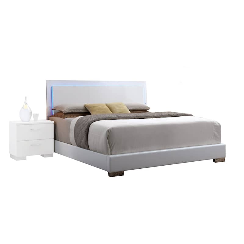White Queen Bed with LED Light Headboard - Adjustable Illumination, Sturdy Wooden Slats