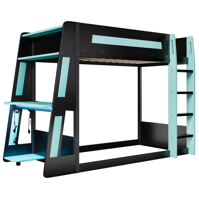 Roomfitters Twin/Full Over Twin Wooden Gaming Bunk Bed with Desk and LED Lights
