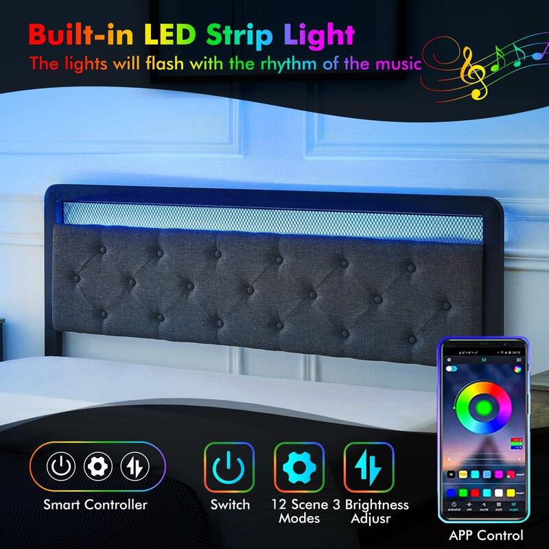 Bed Frame with LED Light and 2 Storage Drawers