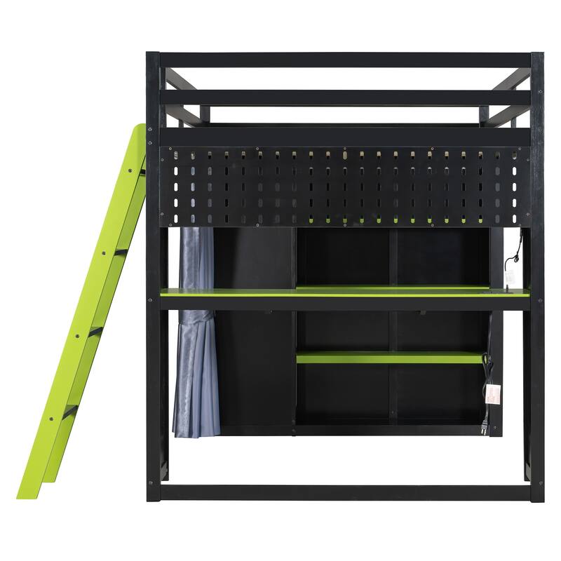 All-in-One Loft Bed Full Size Bedframe with Wardrobe, Shelves, Blackout Curtains, Pegboard, Charging Station and RGB Light Strip