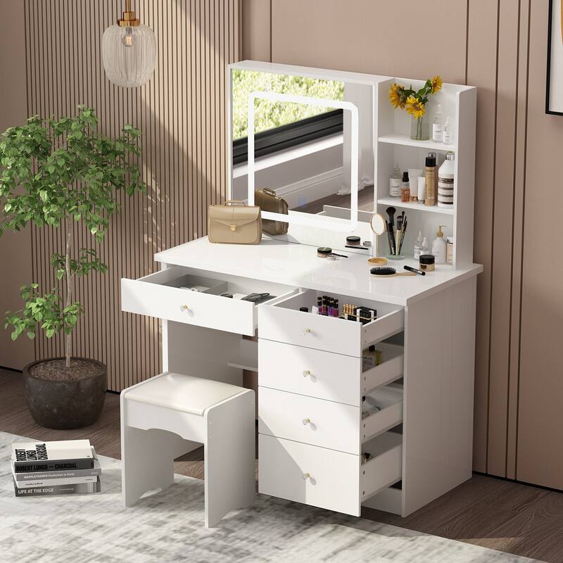 39.4"Wide Makeup Vanity Set with Stool and 3 Color Touching Mirror - 39.4"W