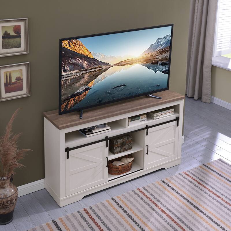 Farmhouse TV Stand Media Console, for 65+ Inches with 2 Sliding Barn Doors and Storage Shelves, for Living Room, Antique White