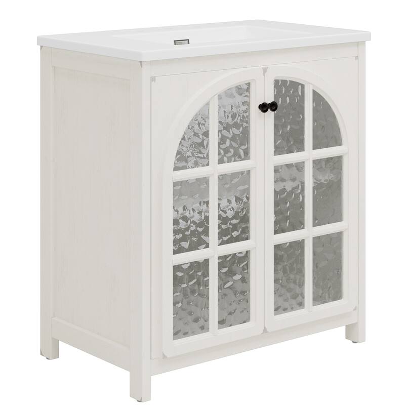 31" Farmhouse Bathroom Vanity with Ceramic Sink, Vintage Rustic Bathroom Cabinet with Bronze Pulls and 2 Soft-Closing Doors