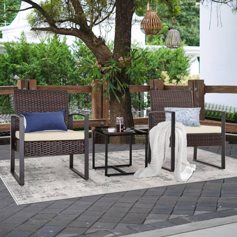 3-PC Outdoor Wicker Conversation Set w/ 2 Cushions, Glass Coffee Table - Brown/Beige