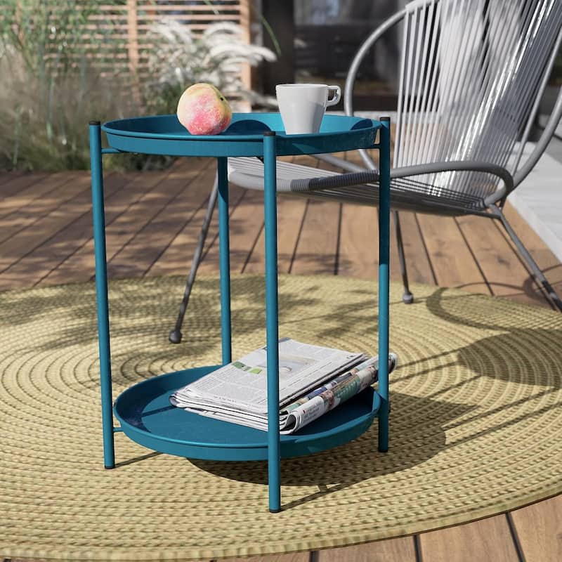 Steel Patio Side Table 2-Tier, Weather Resistant Outdoor Round End Table - 18"D x 18"W x 21"H - Blue