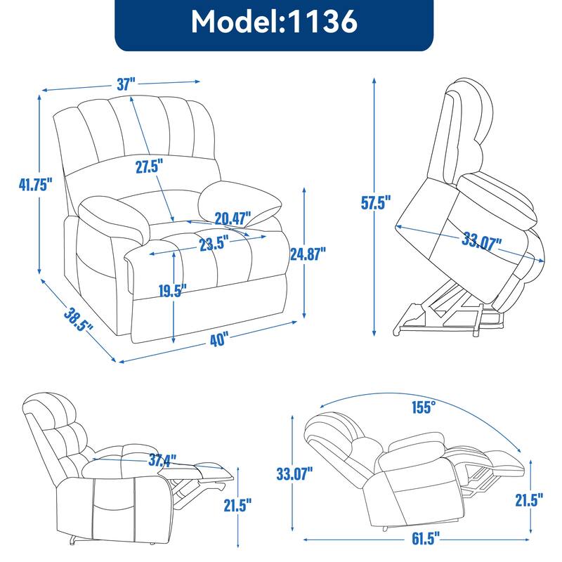 Oversized Power Lift Recliner Chair with Massage, Heat, 8-Point Vibration, Lumbar Heating, USB Port, Dual Side Pockets