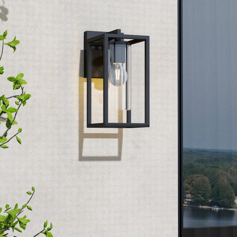 Metal 1-Light Clear Glass Outdoor Wall Sconce Light - S: 12.1"Hx5.7"Wx8"D - Black