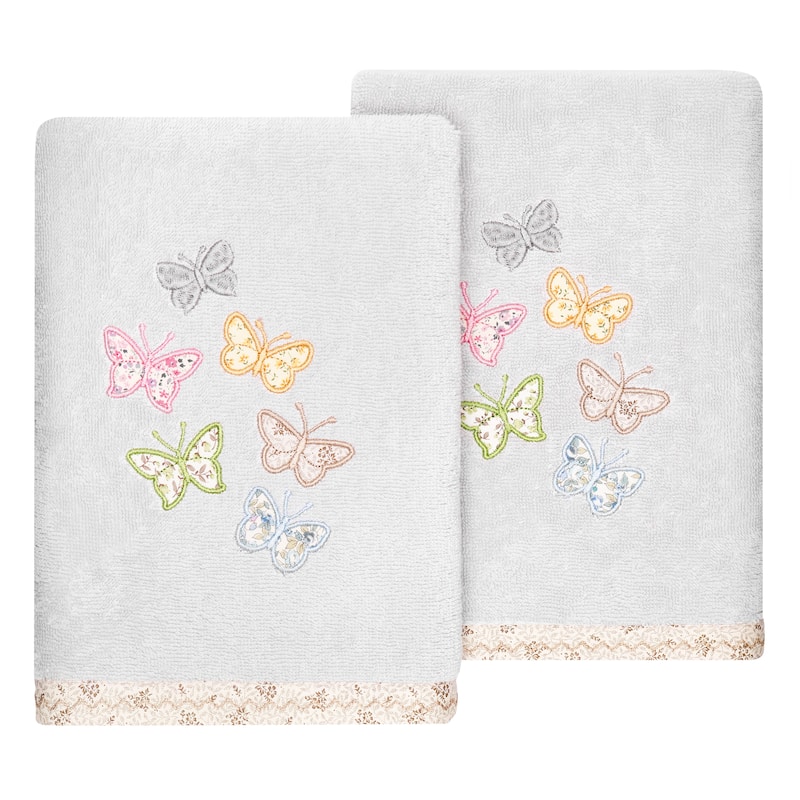 Authentic Hotel and Spa 100% Turkish Cotton Mariposa 2PC Embellished Hand Towel Set - Silver