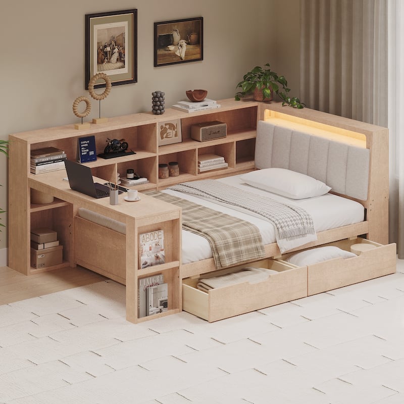 Twin Size Wooden Daybed with Desk and Storage Bookcase, Corner Bed with Headboard and Under-bed Drawers and LED Light