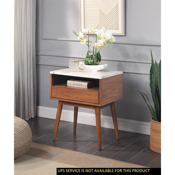 Walnut Finish End Table with Faux Marble and Drawer Shelf Living Room Furniture Bed Bath