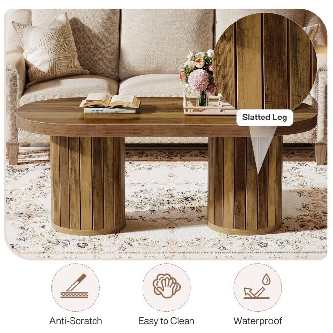 47" Wooden Oval Coffee Table With Slatted Cylindrical Legs