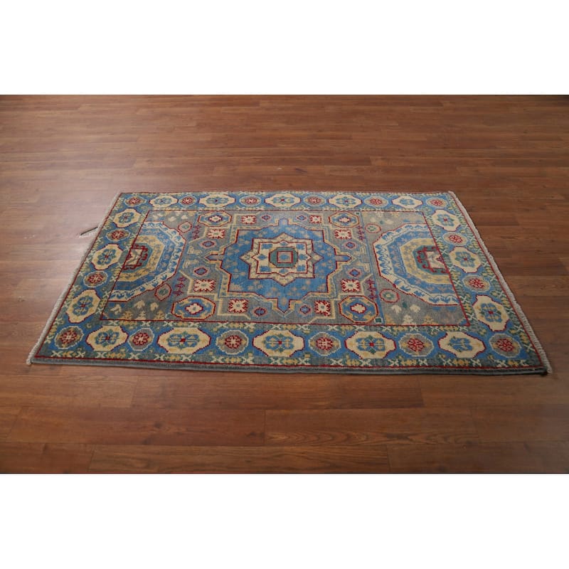 Blue Kazak Foyer Rug Handmade Geometric Wool Carpet - 2'7"x 4'1"