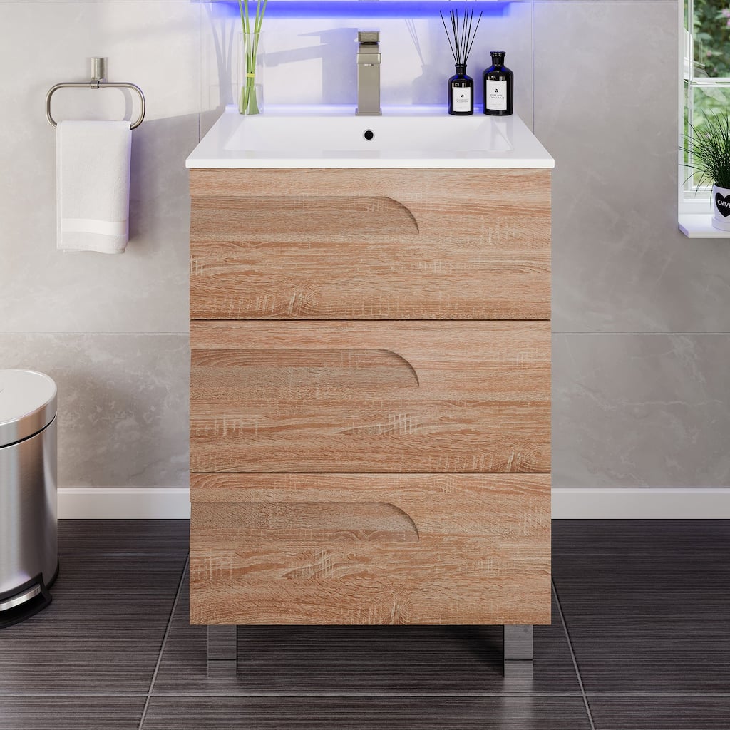 Joy 24"W Maple Freestanding Bath Vanity with Porcelain Top & Integrated Sink