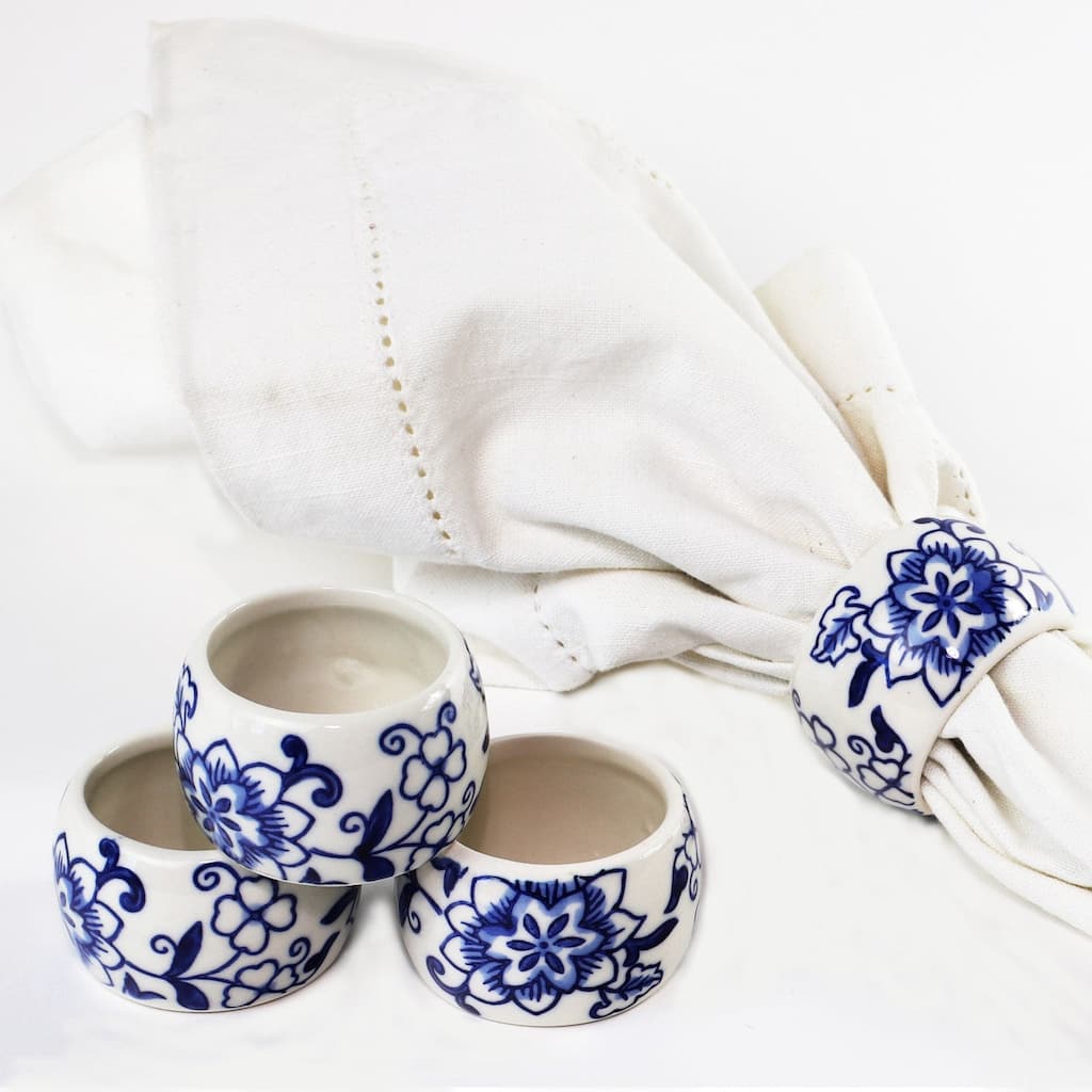 Euro Ceramica Blue Garden Napkin Rings (Set of 4) - 1.9 x 1.9 x 1.3