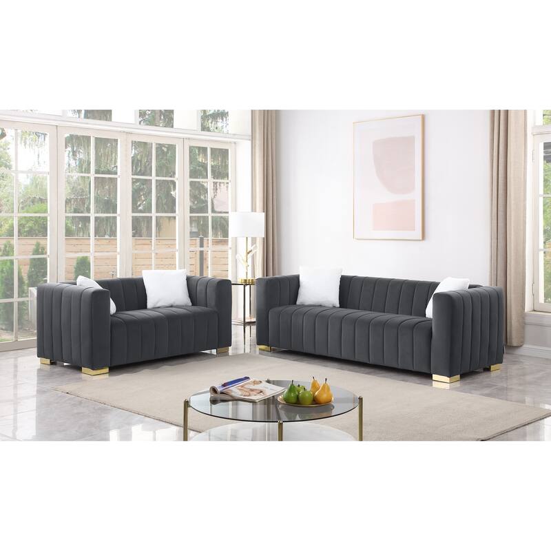 Chesterfield 87.01" Velvet Channel Tufted 3-seater Sofa with Pillows for Living Room