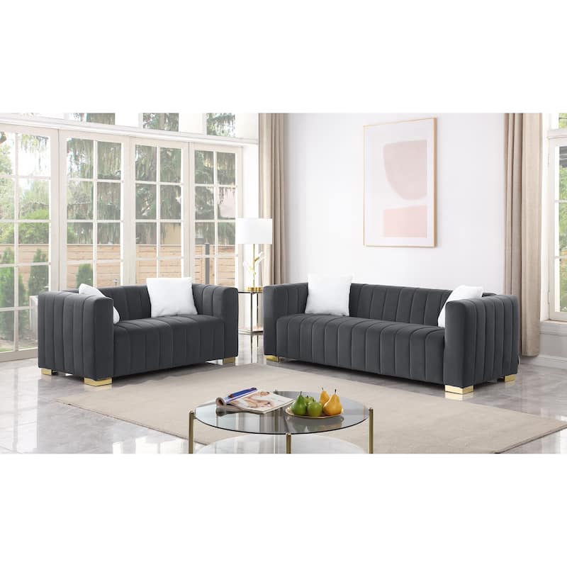 Dark Grey Chesterfield 87.01" Velvet Channel Tufted 3-seater Sofa with Pillows for Living Room