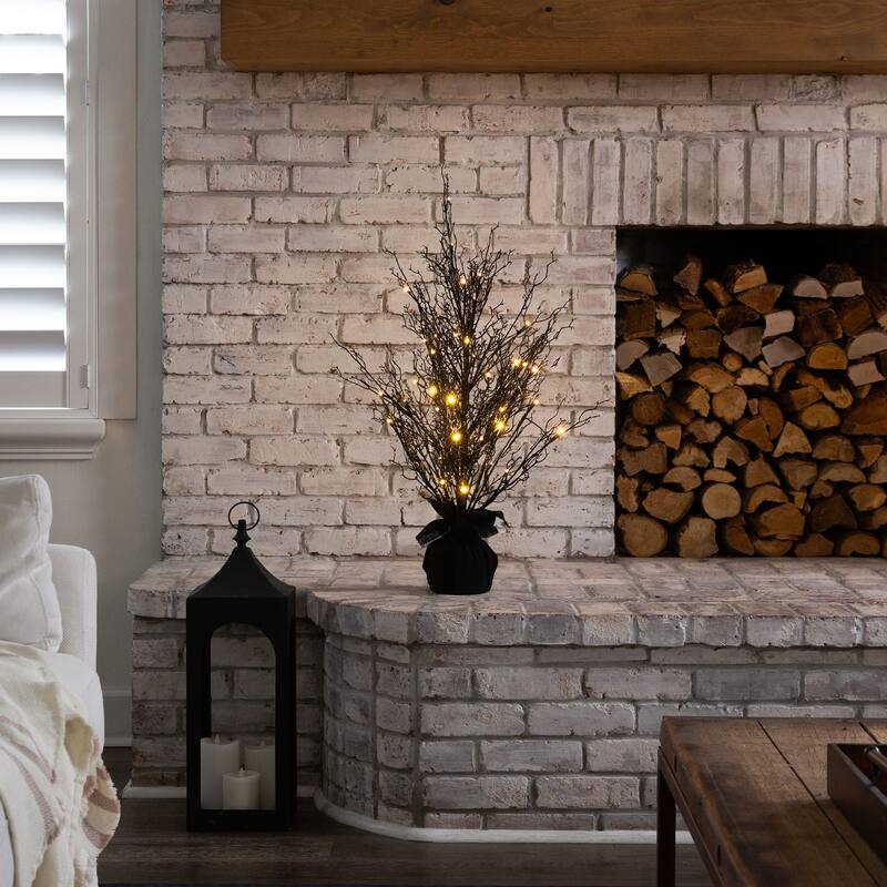 LED Lighted Black Artificial Twig Halloween Tree with Burlap Base - 3' - Warm White - 3-to-6-feet