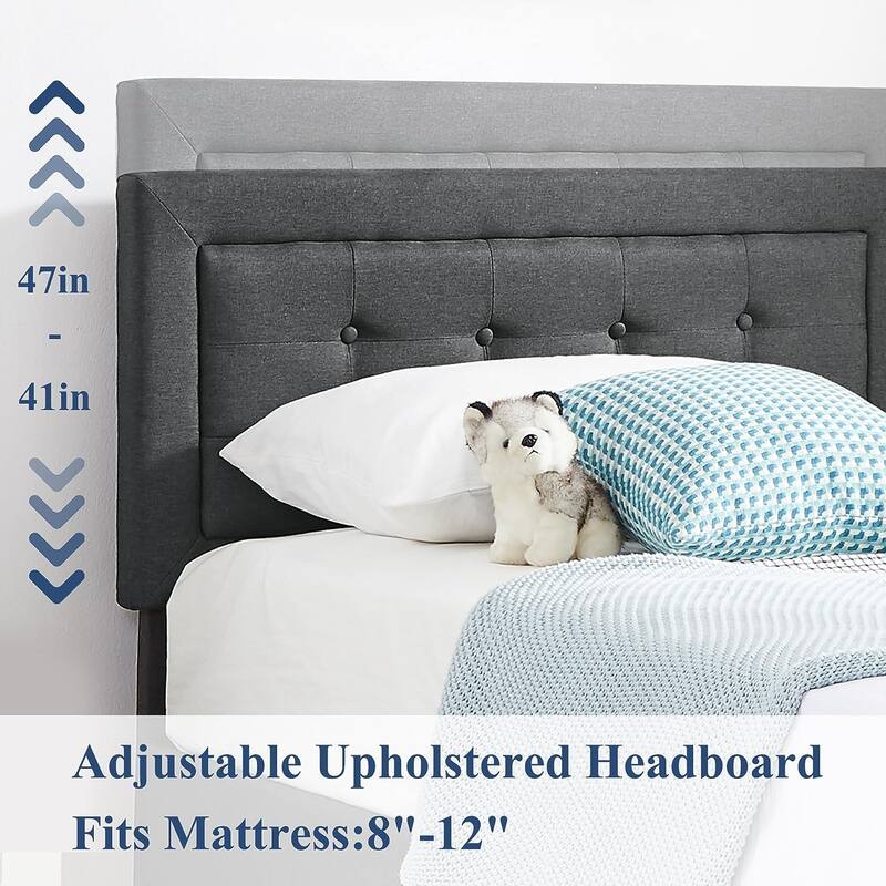 Strong Frame and Wooden Slats Support Bedframe，Platform Bed Frame with Linen Upholstered Headboard,Grey Bed Frames
