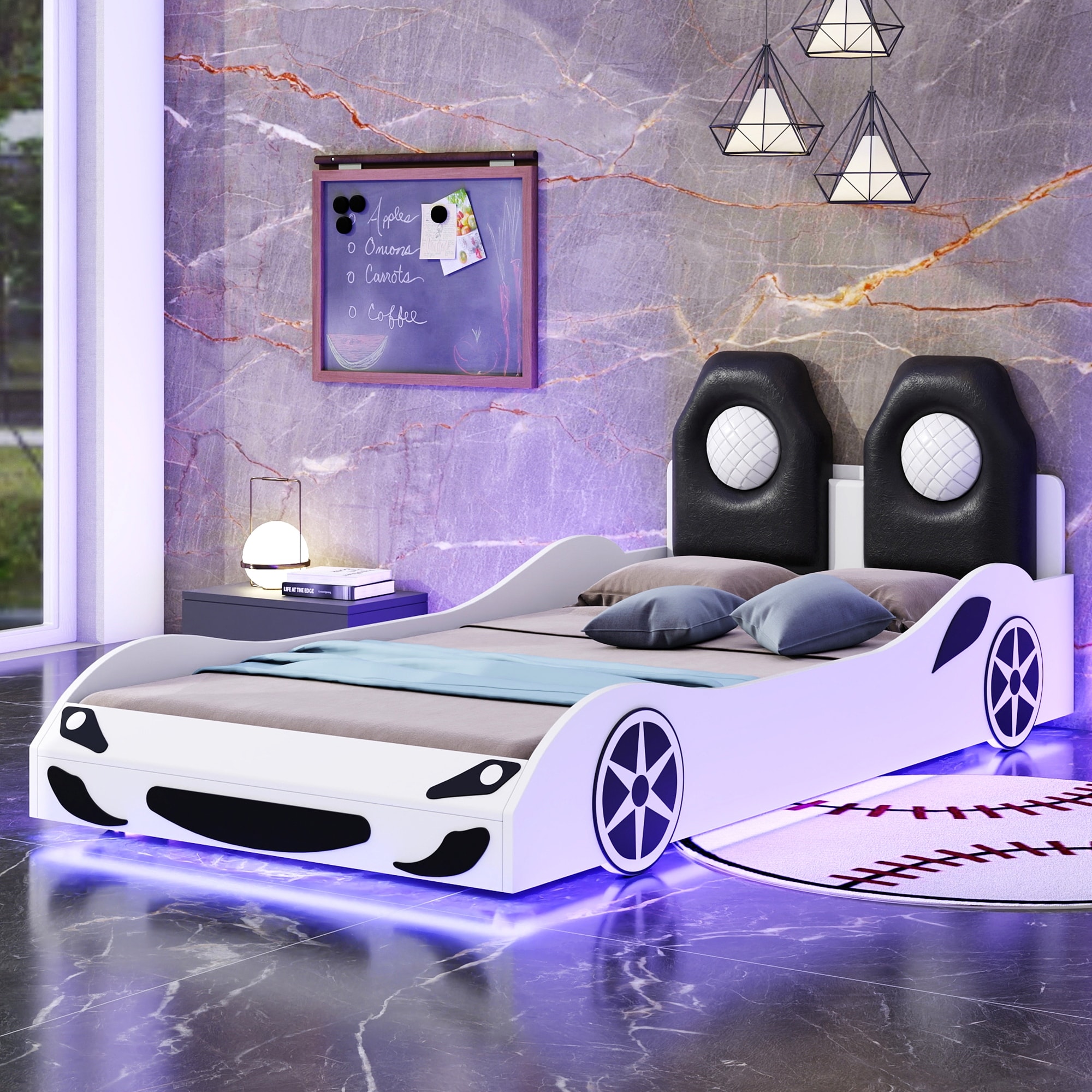 Roomfitters Wood Twin Size Race Car-Shaped Platform Bed with LED and Upholstered Backrest, Fun and Functional Design
