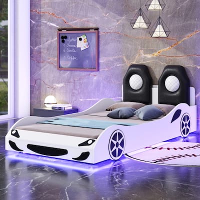 Twin Size Race Car-Shaped Wooden Platform Bed with LED and Upholstered Backrest