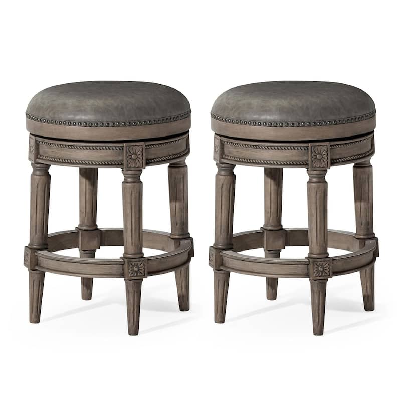 Maven Lane Pullman Backless Swivel Kitchen Stool - Set of 2 - Reclaimed Oak Vegan Leather - Counter Height