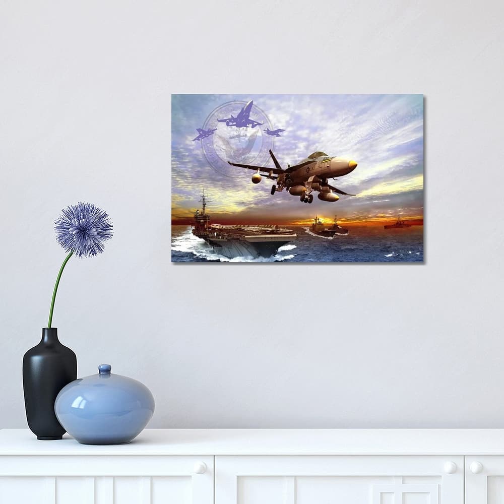 iCanvas "F/A-18 Hornet Taking Off From A US Navy Aircraft Carrier" by Kurt Miller Canvas Print