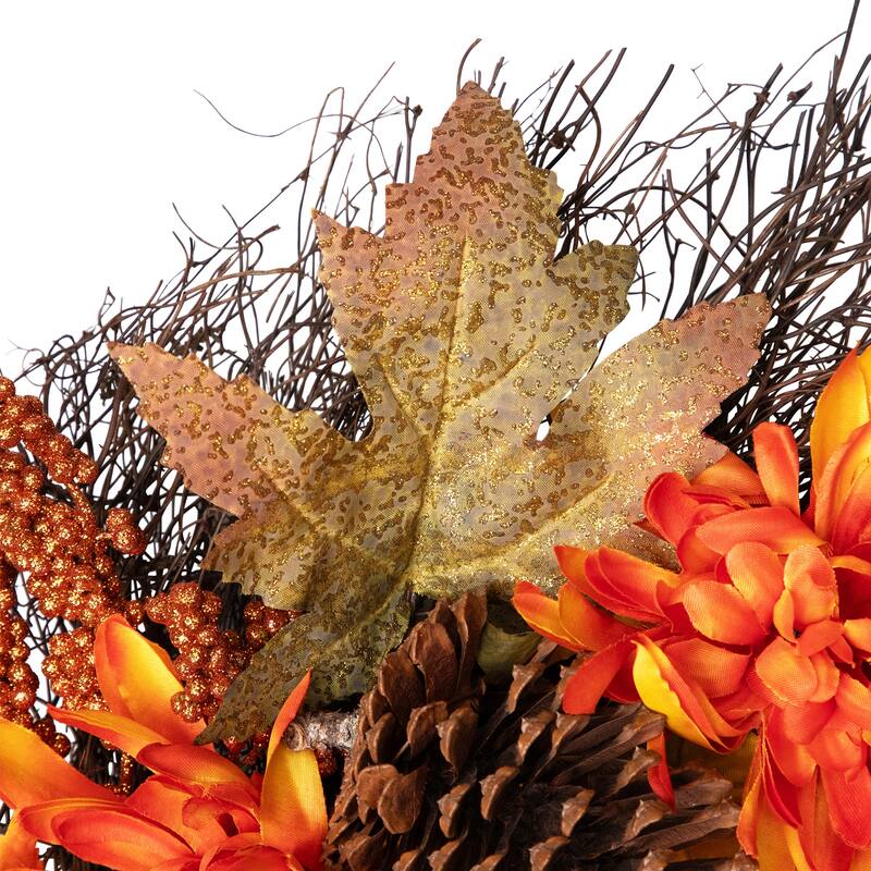 Mums and Acorns Glittered Artificial Fall Harvest Floral Twig Wreath - 22"