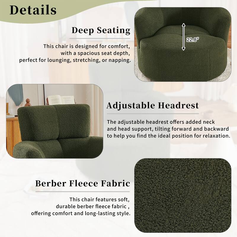 360° Swivel Chair, Upholstered Barrel Chair with Adjustable Headrest Modern Swivel Round Sofa Chair for Living Room