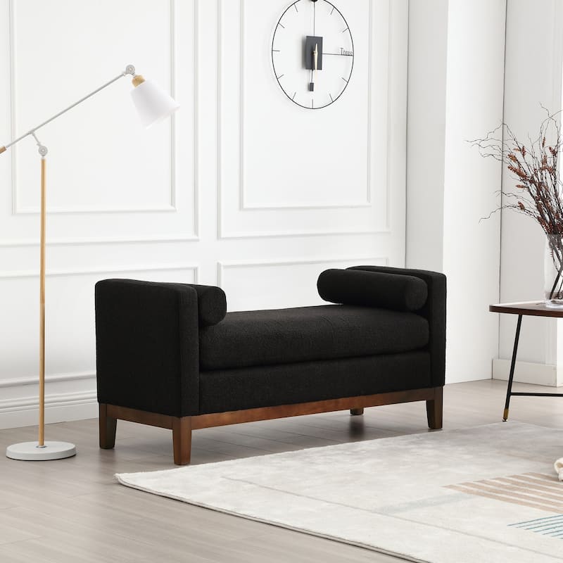 53.5"W Elegant Upholstered Bench, Ottoman with Wood Legs & Bolster Pillows for End of Bed, Bedroom, Living Room, Entryway - Black