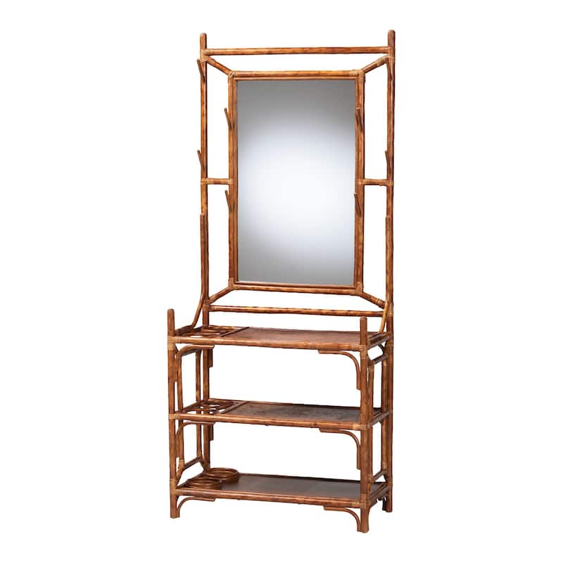 Feyre Marbled Tortoise Natural Rattan Hall Tree - Handcrafted Wicker Entryway Organizer with Mirror, Shelving and Hooks - Marbled Tortoise Brown