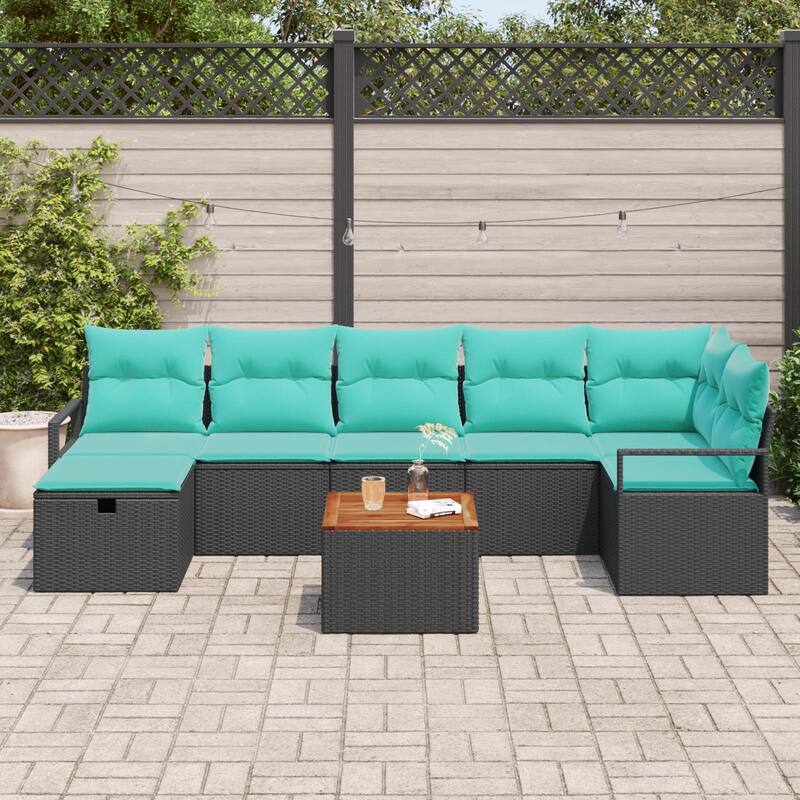 vidaXL 8 Garden Sofa Set with Cushions Black/Grey Poly Rattan - 113 x 48 x 27.2